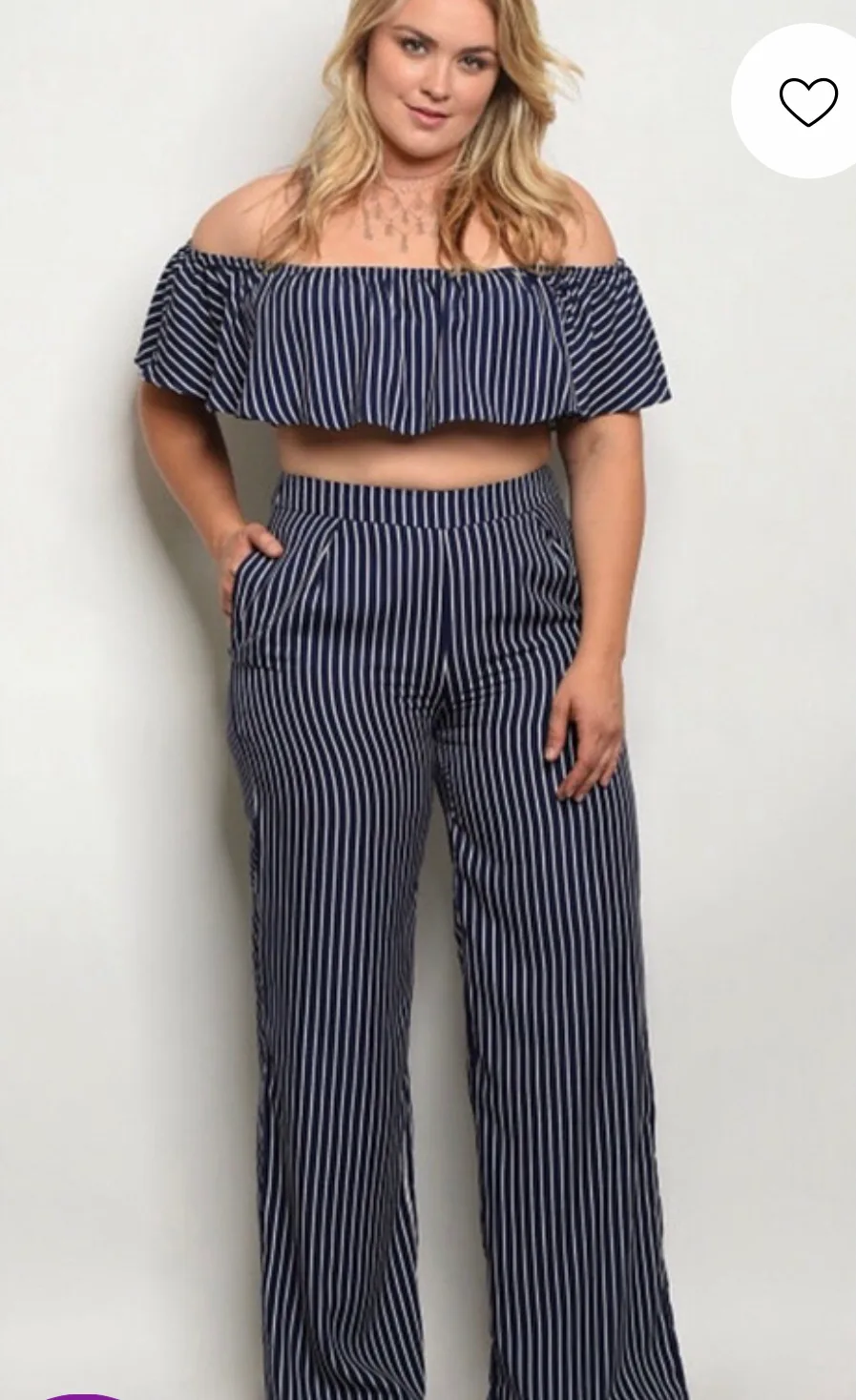 Plus size woman wearing pin striped 2-piece set