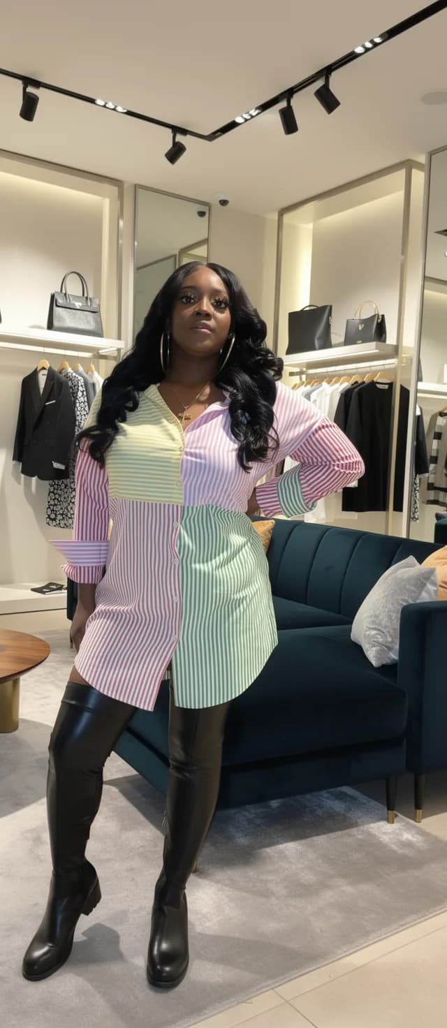 Woman in pastel color-block dress and black boots