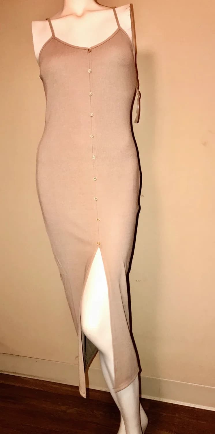Nude bodycon dress with spaghetti straps, side slit