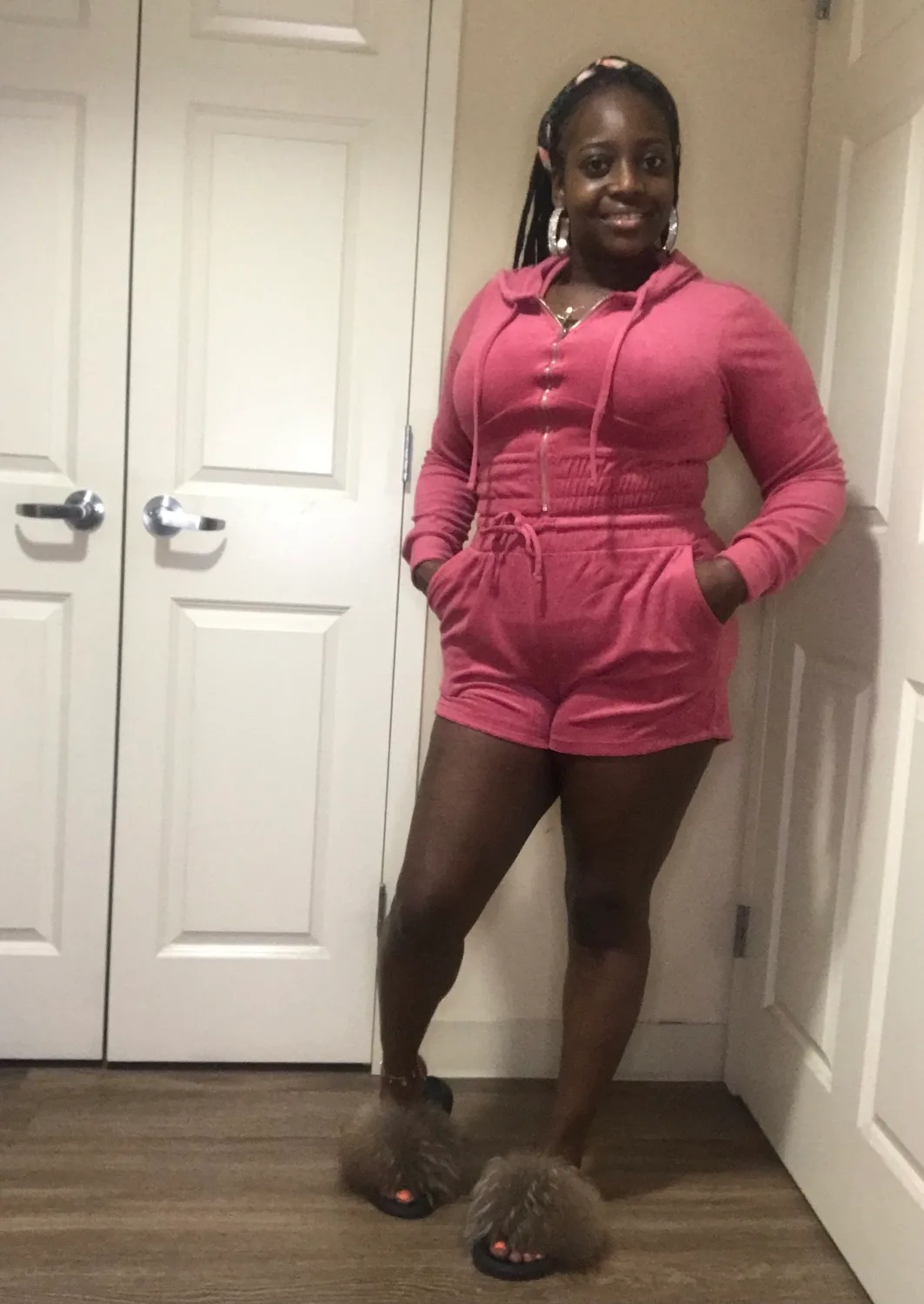 Pink velour hooded short set