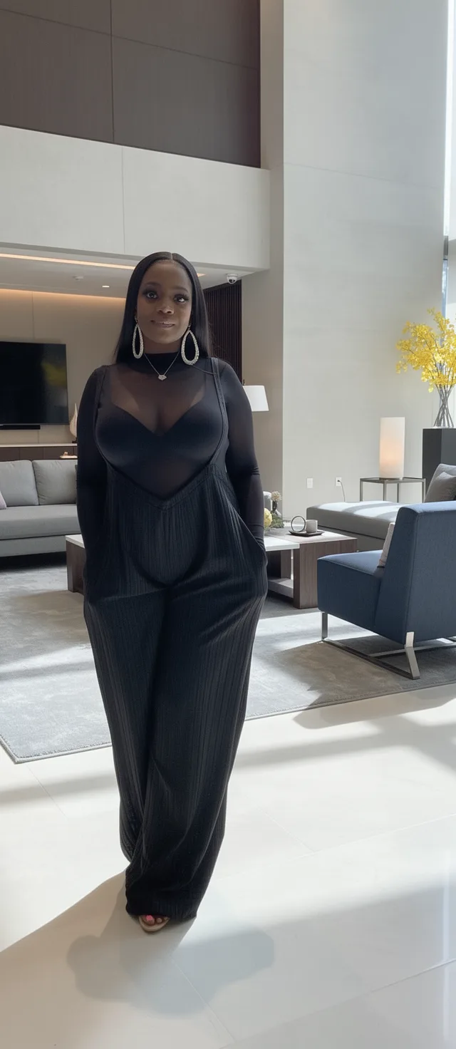 Woman in elegant black sheer top and wide-leg trousers