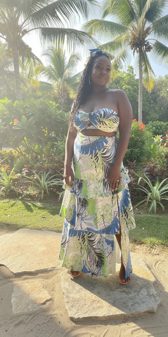Woman in patterned two-piece outfit in tropical garden