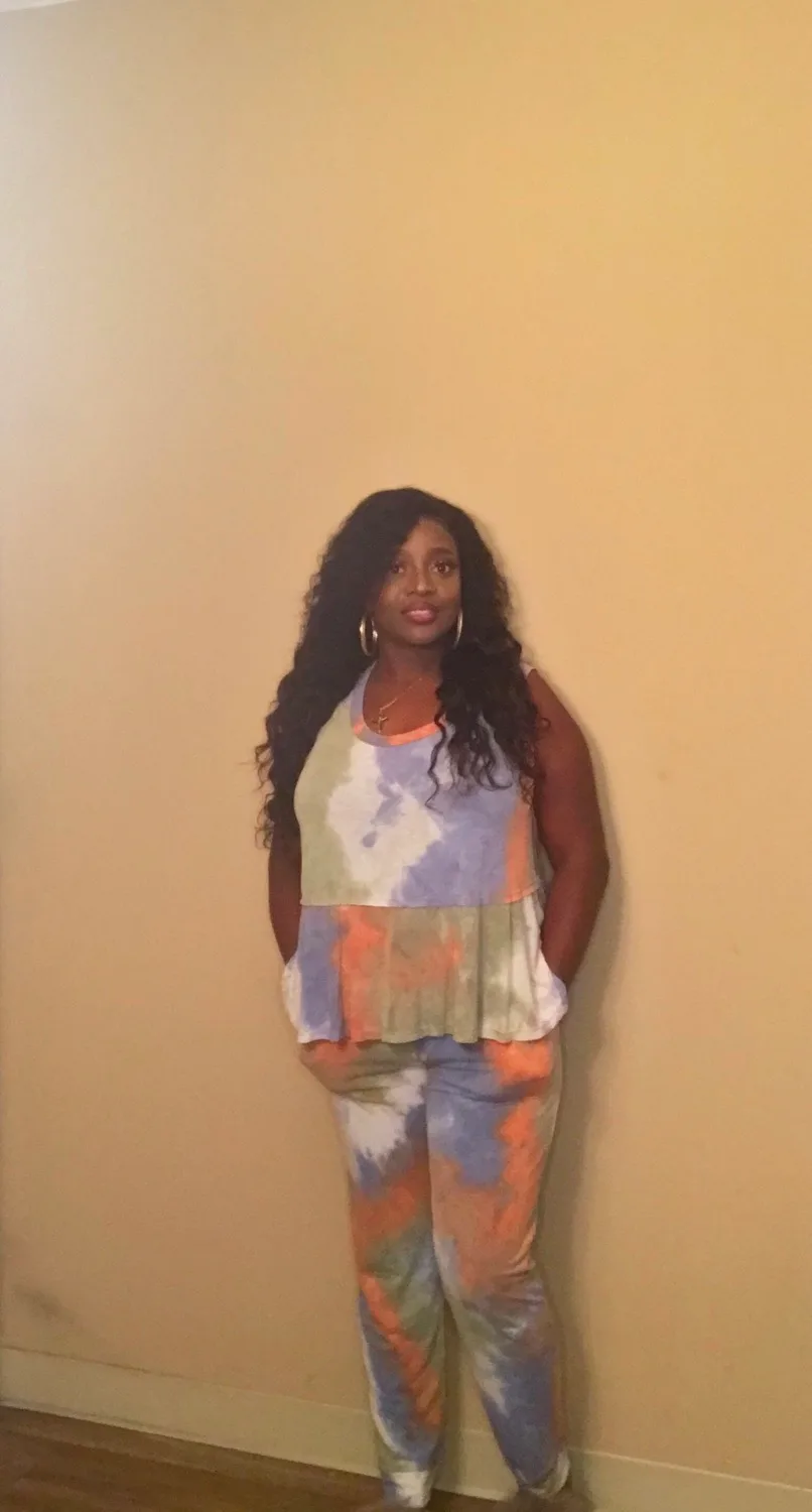 Woman wearing Tye Dye coordinate peplum top set